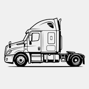 Puede incluir: Ilustración en blanco y negro de un camión. El camión tiene una cabina grande con litera, un extremo delantero detallado y un enganche de remolque. Las ruedas y otros detalles mecánicos son claramente visibles.