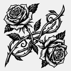Könnte beinhalten: Schwarz-Weiß-Illustration von zwei Rosen mit detaillierten Blütenblättern und Blättern. Die Rosen sind durch dornige Ranken verbunden, wodurch ein gotisches oder Tattoo-artiges Design entsteht. Das Bild ist eine Vektorgrafik.