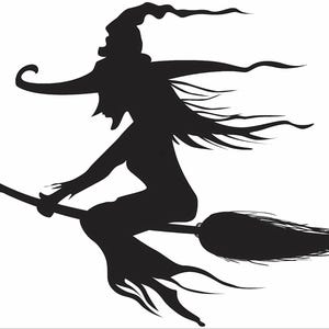 Flying Witch Silhouette SVG PNG | Halloween Witch on Broomstick Vector | Spooky Clipart Digital Download for Cricut & Stickers