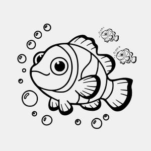 Può includere: Illustrazione in bianco e nero di un pesce pagliaccio dei cartoni animati con grandi occhi e motivi a strisce. Diverse bolle circondano il pesce e sono presenti anche due pesci più piccoli, creando una scena sottomarina giocosa.