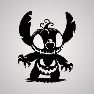 May include: Black silhouette of a Halloween-themed Stitch character. The design features a pumpkin-shaped head with large eyes and a stitched grin. The character has clawed hands and a pumpkin-shaped belly, standing on a patch of grass.
