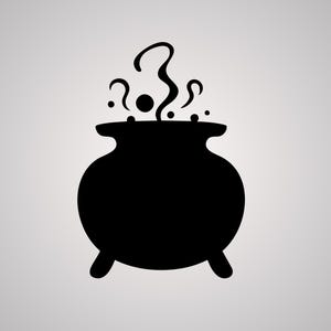 May include: A black cauldron silhouette with three small legs, filled with a bubbling potion. Wisps of steam and question marks rise from the cauldron, suggesting a magical brew. The design is simple and bold, perfect for Halloween or fantasy themes.