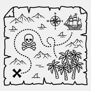 Puede incluir: Ilustración en blanco y negro de un mapa del tesoro. El mapa presenta una calavera con huesos cruzados, una brújula, un barco de vela, palmeras, montañas y un camino punteado que conduce a una X.