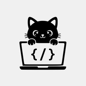 May include: A black and white illustration of a cartoon cat peeking over a laptop. The laptop screen displays the code symbols "{ / }". The cat has large eyes and a small nose, giving it a cute appearance. The image is set against a plain background.