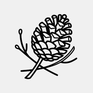 May include: A black and white line drawing of a pine cone with two crossed sprigs. The pine cone is detailed with overlapping scales. The sprigs have small, rounded tips. The image is set against a plain, light background.
