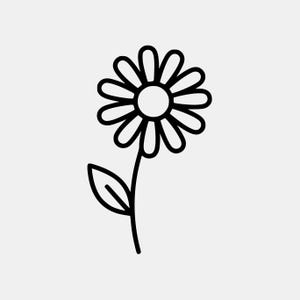 Könnte beinhalten: Eine Schwarz-Weiß-Strichzeichnung einer Gänseblümchen. Die Blume hat einen zentralen Kreis mit Blütenblättern, einen Stiel und ein einzelnes Blatt. Das Bild befindet sich auf einem hellgrauen Hintergrund.