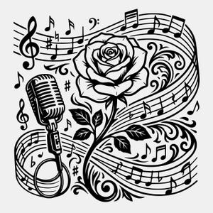 Puede incluir: Ilustración en blanco y negro con un micrófono vintage, notas musicales y una rosa. El diseño incluye notación musical, claves de sol y una rosa con hojas. El micrófono está detallado con un cable e interruptor, sobre un fondo arremolinado.