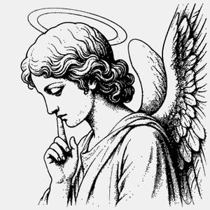 Può includere: Illustrazione in bianco e nero di un angelo con capelli ricci, un'aureola e grandi ali piumate. L'angelo è raffigurato con un dito sulle labbra, in un gesto di silenzio.