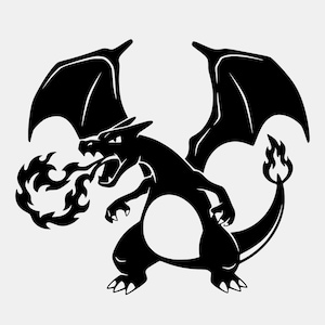 May include: Black silhouette of a dragon-like creature with large wings, a long tail with a flame at the end, and fire emanating from its mouth. The creature is in a dynamic pose, with its mouth open and claws extended.