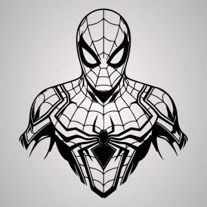Op de afbeelding: Zwart-wit illustratie van Spider-Mans bovenlichaam en hoofd. Het ontwerp toont een gedetailleerd webpatroon over het masker en het lichaam, met een groot spinnenembleem op de borst. Het kunstwerk is een grafische weergave van de superheld.