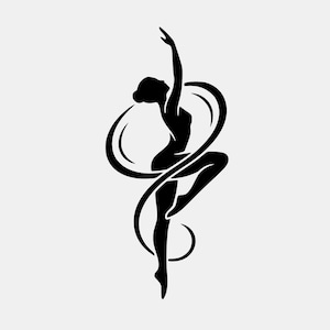 May include: A black silhouette of a ballerina in a graceful pose, with one arm raised and the other leg extended. The dancer is surrounded by flowing, curved lines, creating a sense of movement and elegance. The background is plain white.