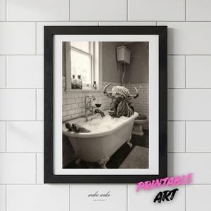 Funny Wildebeest in Bathtub Print, Vintage Bathroom Decor (Digital Download)