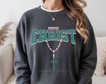 Sudadera católica de Jesucristo, sudadera con cuello redondo y cruz cristiana, sudadera con rosario de Jesús de Faith Apparel, regalo para madrina