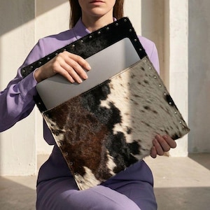 Handmade Cowhide MacBook Pro 16 Case, MacBook Air 15 Sleeve, Western Hair on Hide Laptop Bag, Personalized Leather Tech Cover Gift