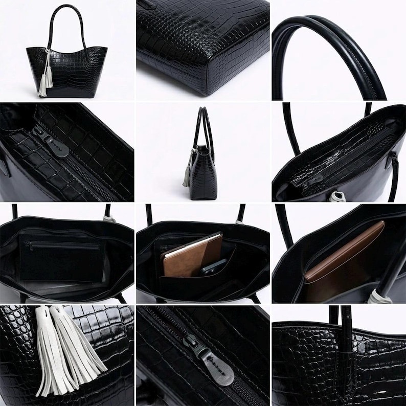 May include: Black tote bag with a crocodile-skin texture, featuring a tassel and double handles. The bag has a zippered closure and an interior pocket. The bag is made of a shiny material.
