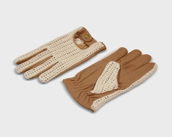 Hellbraune und cremefarbene Herren Autohandschuhe gehäkelt - Atmungsaktiver Vintage Racing Stil, Oldtimer Geschenk für Ihn