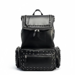 Handmade Black Leather Backpack, Whipstitch Cowhide Rucksack