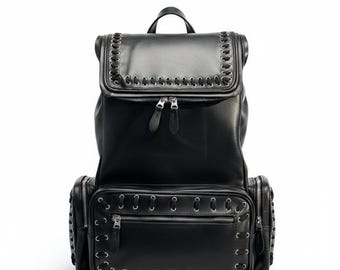 Handgefertigter schwarzer Lederrucksack, Premium-Rindslederrucksack mit Whipstitch-Detail, luxuriöser Reise-Rucksack, einzigartiges Leder-Jubiläumsgeschenk