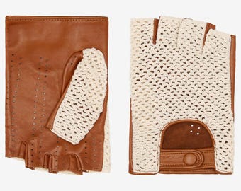 Fingerlose Lederhandschuhe für Herren - Cognacfarbener gehäkelter Rücken, Vintage Racing-Stil, Oldtimer-Geschenk für Ihn