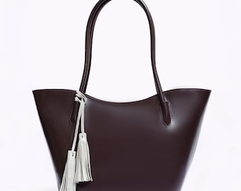 Handmade Burgundy Leather Tote Bag, Oversized Shopper Bag Women, Large Carryall, Wine Red Leather Purse, White Tassel, Gift for Her
