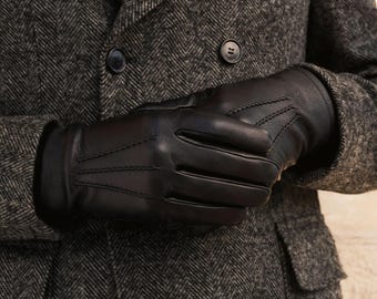 Herren Premium Schwarz Leder Winterhandschuhe - Echtes Schaffell mit Rippstrick Sturmbündchen | Warmes Thermofutter | Klassische Handschuhe