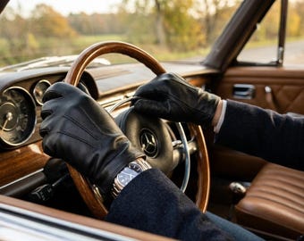 Luvas masculinas de couro de cordeiro italiano – sem forro, pretas, estilo para dirigir.