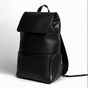 Handmade Black Leather Backpack, Ostrich Embossed Flap, Unisex Travel Laptop Bag
