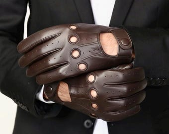 Handgenähte braune Nappaleder Autohandschuhe | Hand genähte ungefütterte handgemachte Handschuhe | Luxus handgefertigtes Herrenmode Leder Geschenk
