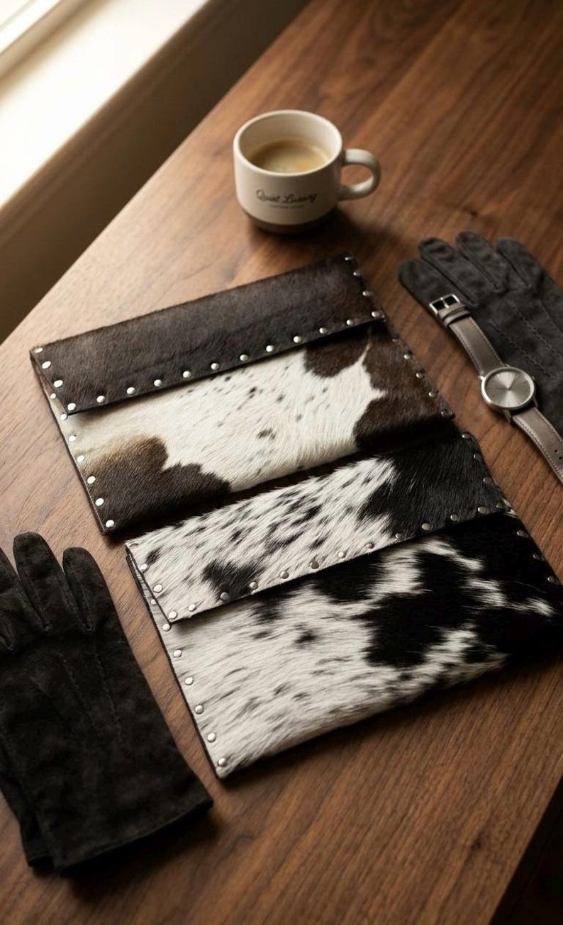 May include: Three cowhide leather clutch wallets with silver rivet detailing. The wallets are black and white, and brown and white. A pair of black gloves, a watch with a brown leather band, and a cup of coffee are also on the wooden surface.