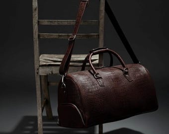 Bolso de viaje de piel con estampado de cocodrilo, bolso de viaje marrón chocolate, bolso de viaje extragrande para fin de semana, bolso de viaje de piel sintética de cocodrilo, bolso de viaje de lujo