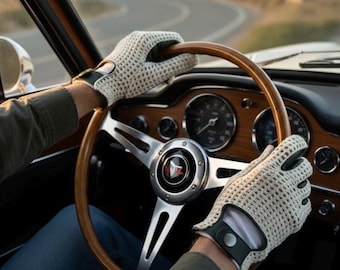 Olivgrüne gehäkelte Autohandschuhe, Premium-Lederpalme, klassisches Road Trip-Zubehör, atmungsaktive Sommer-Radhandschuhe, Geschenk für Väter