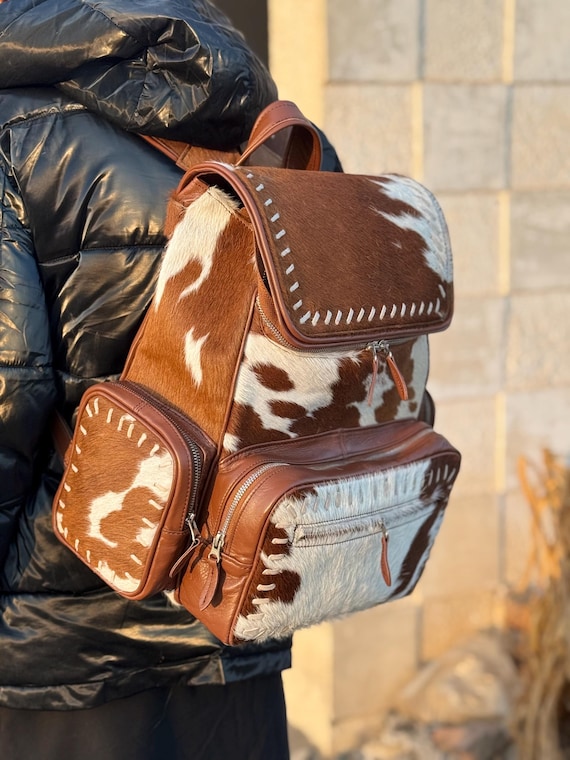 Western Cowhide Leather Backpack - Large Boho Rucksack or  display picture 2