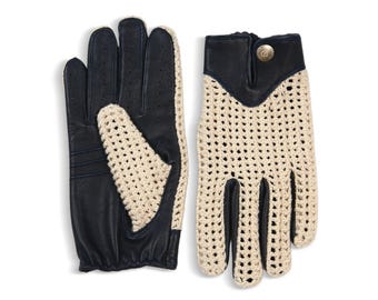 Klassische schwarze Leder und Creme häkeln Autohandschuhe | Herren Vintage Style Autohandschuhe | Ungefütterte Rennhandschuhe