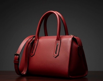 Red Genuine Leather Handbag | Women's Classic Dome Satchel | Detachable Strap Cross-Body Designer Bag