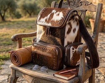 Rindsleder Rucksack | Handgefertigter Hair on Hide Leder Rucksack 30L 45L | Western Rucksack aus Leder | Luxus Handwerker Reisetasche | Einzigartiges Geschenk für Sie