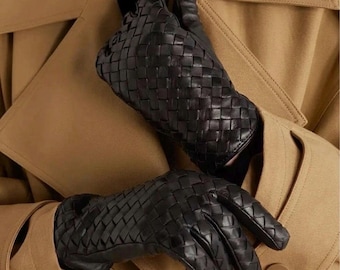Geflochtene Lederhandschuhe, handgefertigtes Lammfell, Intrecciato-Stil, Luxusgeschenk für Sie
