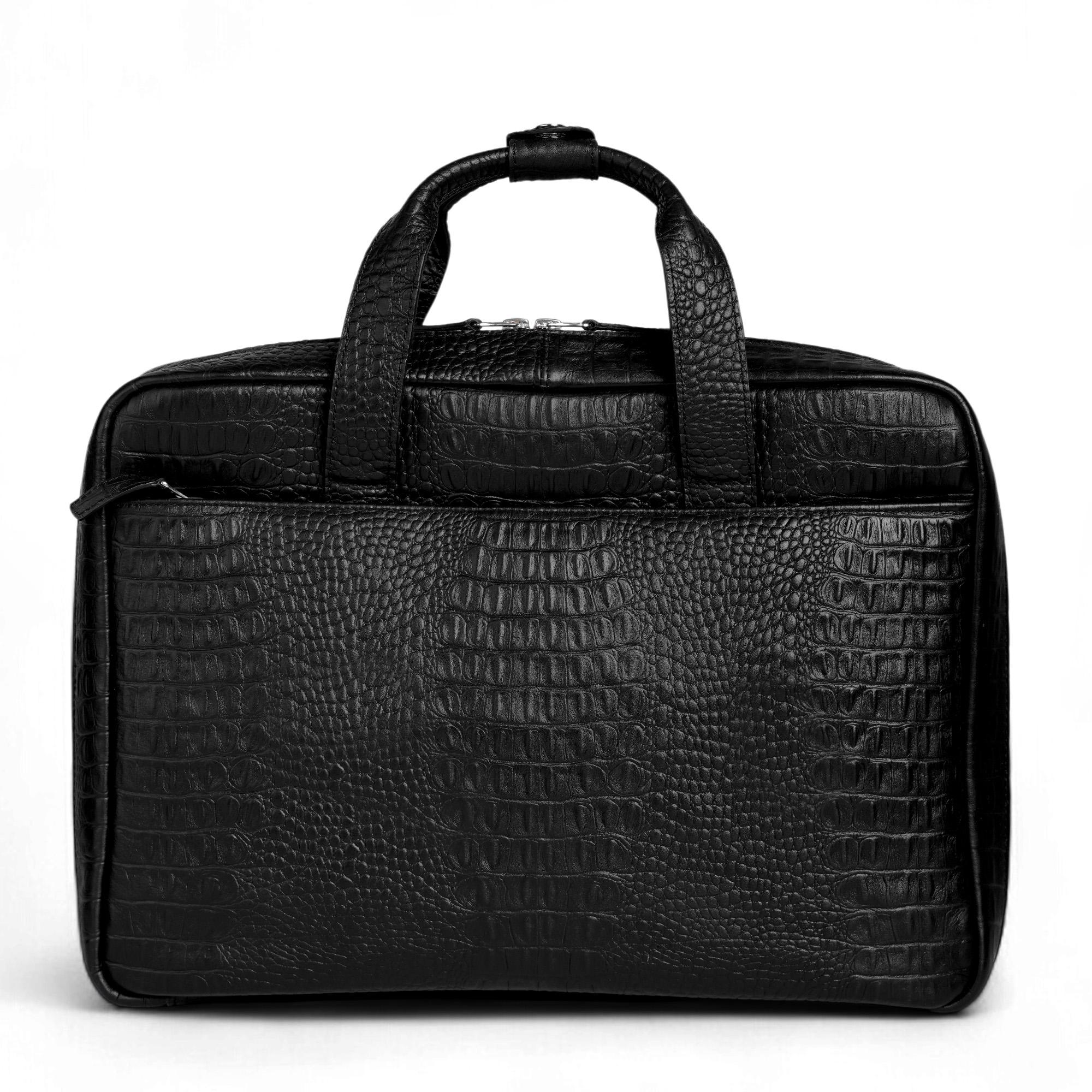 Handmade Black Crocodile Embossed Leather Laptop Bag Full Grain Business Briefcase Executive Crossbody Bag Gift
