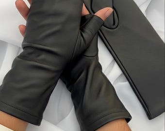 Lange fingerlose Lederhandschuhe - schwarze Opern-Armstulpen, elegante Cyberpunk-Stulpen, kantige Goth-Techwear-Ärmel, Luxusgeschenk für sie