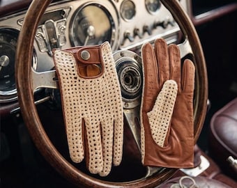 Herren Cognac Leder Autohandschuhe - Offener Rücken häkeln, perforierter Knöchel, Vintage Motorsport Geschenk für Ihn