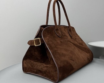 Bolso tote de ante, estilo Margaux, piel granulada, imitación del bolso Row, regalo de lujo para ella.