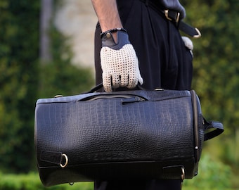 Leder Barrel Bag | Krokodilgeprägter Wandelbarer Seesack | Handgefertigte Herren Weekender Tasche