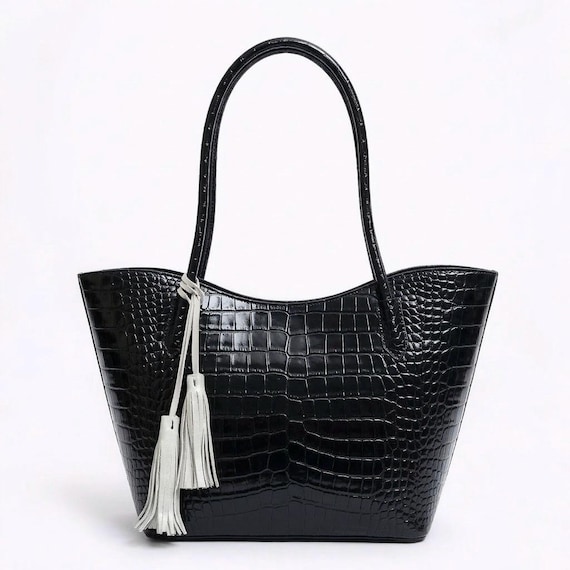 Croc Leather Tote Bag, Black Embossed Leather Bag, Crocodile Handbag Women, Leather Tote Bag, Structured Tote, Tassel Bag, Gift for Her