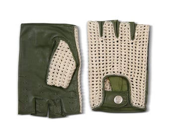 Fingerlose olivgrüne Lederhandschuhe für Herren - gehäkelter Rücken, Vintage Racing Style, Oldtimer Geschenk für Ihn