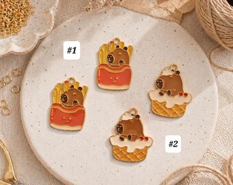 Set of 2 Capybara Charms, Gold Plated Enamel - French Fries & Cupcake Charms | Cute Jewelry Charms for Crafts and DIY