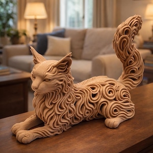 Op de afbeelding: Een lichtbruine kattenbeeldhouwwerk met een uniek wervelpatroon. De kat ligt ontspannen met zijn staart gekruld. Het beeldhouwwerk staat op een houten oppervlak, wat het gedetailleerde ontwerp en vakmanschap benadrukt.
