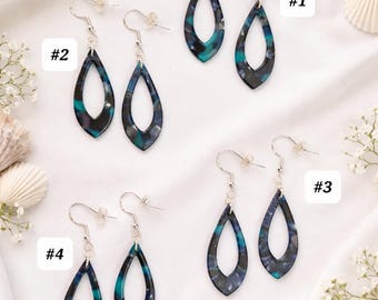 Boho acetate drop earrings, retro Jhumka earrings, lightweight dangle earrings, 925 silver-plated ear hooks, blue marbled, 6 cm