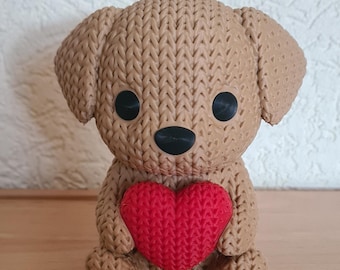 3D printed dog in a knitted pattern design with a heart – Sustainable decorative figure made of PLA – Gift idea