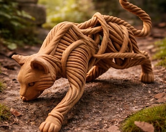 3D printed decorative cat in a rope design – modern art object made of PLA