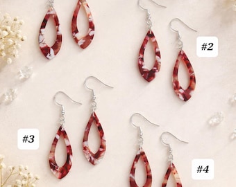 Boho acetate drop earrings, retro Jhumka earrings, lightweight red marbled drop earrings, 925 silver-plated ear hooks, 6 cm, 4 patterns