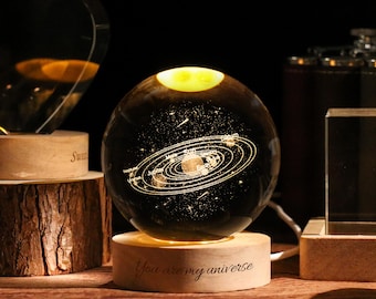 Crystal Ball 3D Planet Lamp: Solar System Night Light with Wooden Base